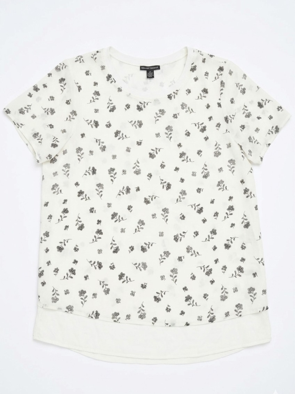NWT Size M Hilary Radley Sheer Layered Cream/Black Floral Print Short Sleeve Top